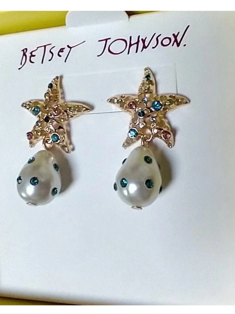 Betsey Johnson Gold Starfish Drop Earrings with Teal and Pink Crystals